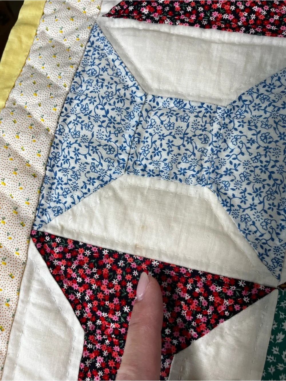 Vintage Spool Lap Quilt 40x42 Handmade, Yellow Border, Cotton